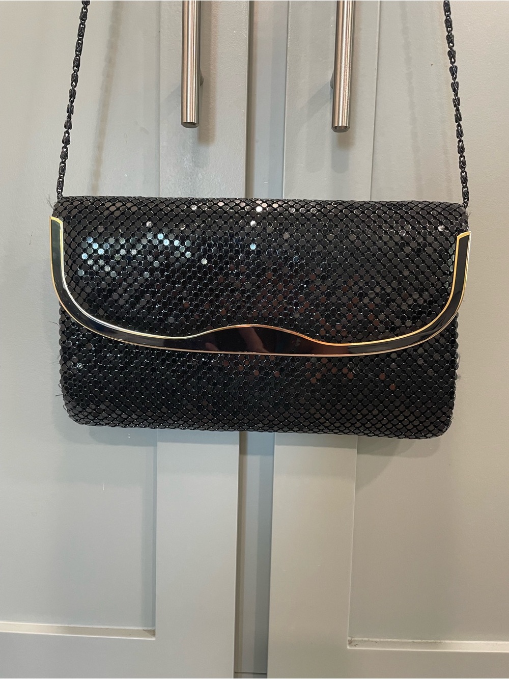 Black Sequin Evening Clutch with Gold Accent